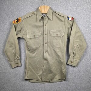 Vintage Pool's Shirt Mens Medium Khaki Army ROTC Twill Long Sleeve Military NMMI